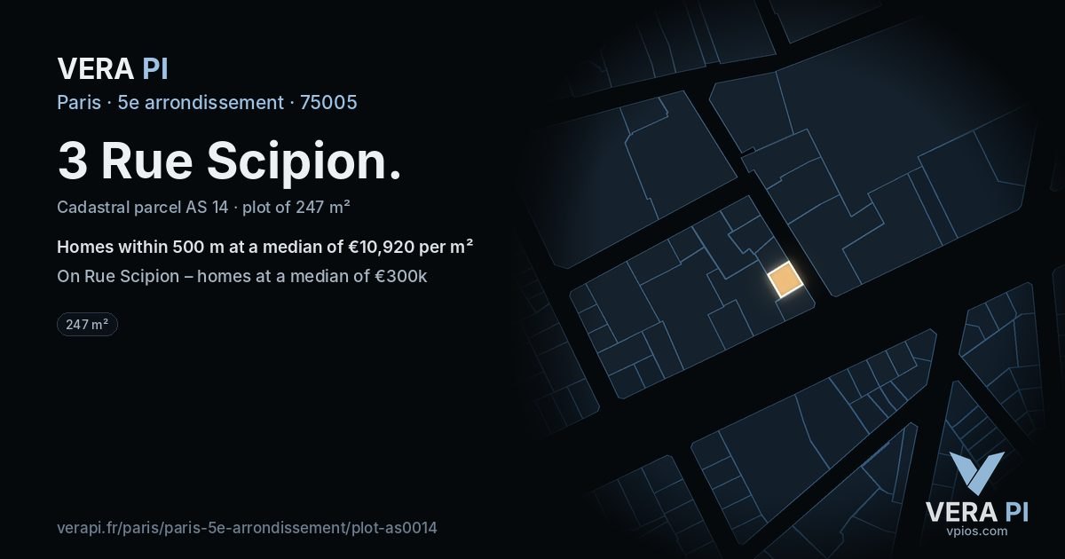 3 Rue Scipion, 5e arrondissement at night – the plot lit, the parcels around coloured by the prices near them