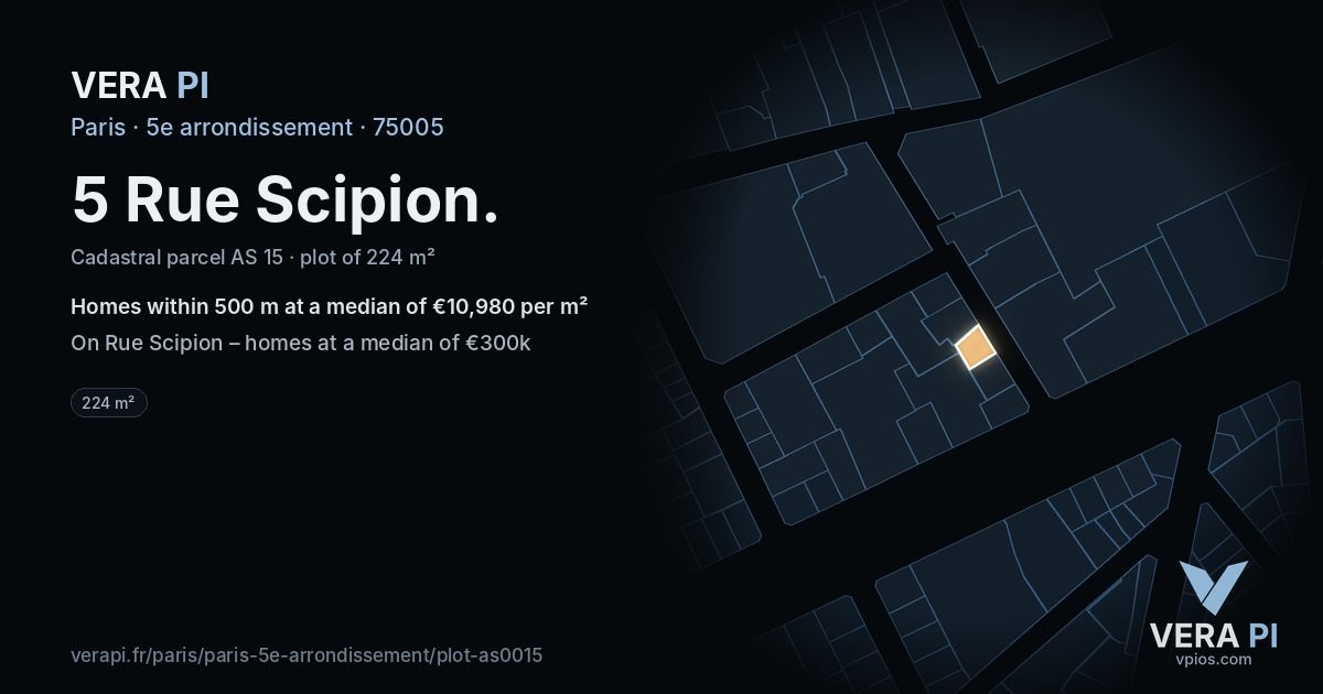 5 Rue Scipion, 5e arrondissement at night – the plot lit, the parcels around coloured by the prices near them