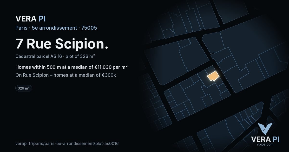 7 Rue Scipion, 5e arrondissement at night – the plot lit, the parcels around coloured by the prices near them