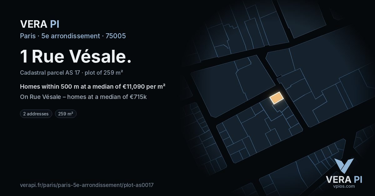 1 Rue Vésale, 5e arrondissement at night – the plot lit, the parcels around coloured by the prices near them