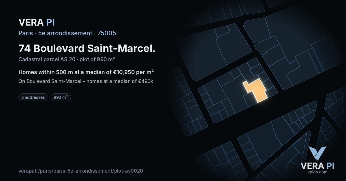 74 Boulevard Saint-Marcel, 5e arrondissement at night – the plot lit, the parcels around coloured by the prices near them