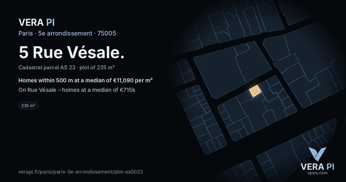 5 Rue Vésale, 5e arrondissement at night – the plot lit, the parcels around coloured by the prices near them