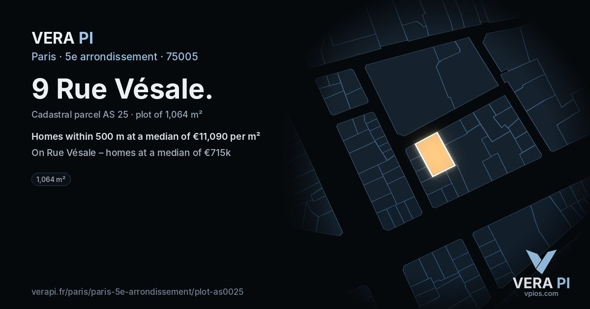 9 Rue Vésale, 5e arrondissement at night – the plot lit, the parcels around coloured by the prices near them