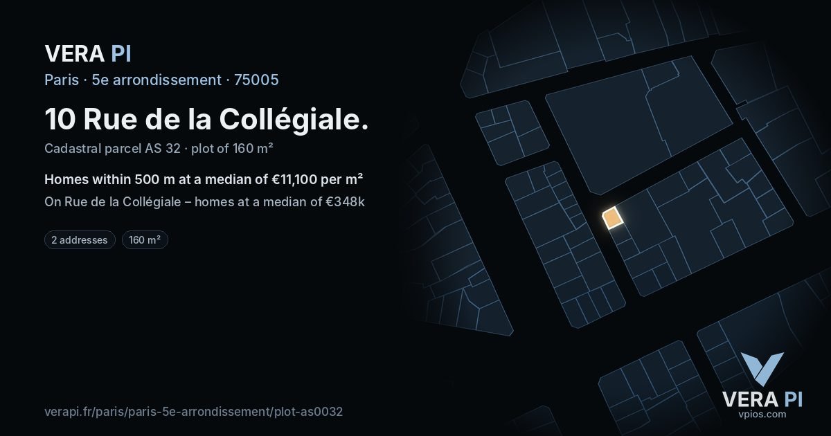 10 Rue de la Collégiale, 5e arrondissement at night – the plot lit, the parcels around coloured by the prices near them