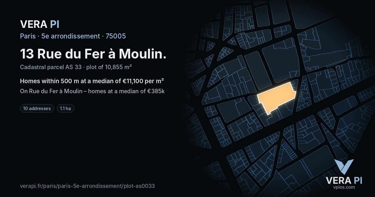 13 Rue du Fer à Moulin, 5e arrondissement at night – the plot lit, the parcels around coloured by the prices near them