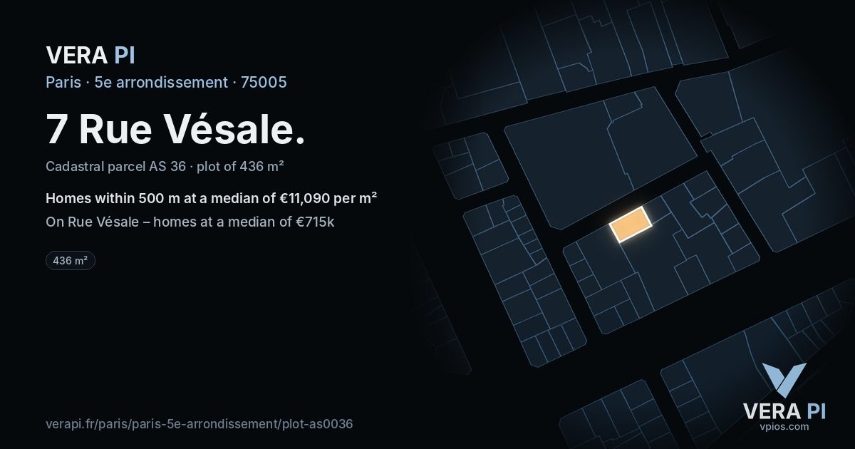 7 Rue Vésale, 5e arrondissement at night – the plot lit, the parcels around coloured by the prices near them
