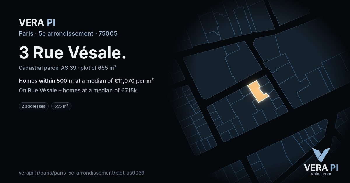 3 Rue Vésale, 5e arrondissement at night – the plot lit, the parcels around coloured by the prices near them