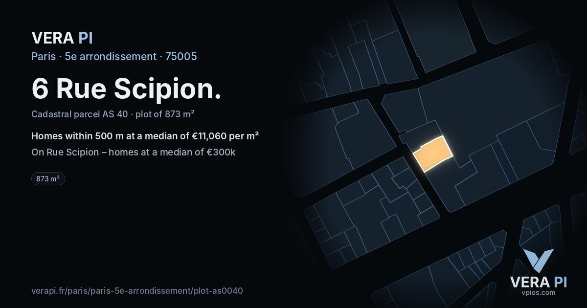 6 Rue Scipion, 5e arrondissement at night – the plot lit, the parcels around coloured by the prices near them