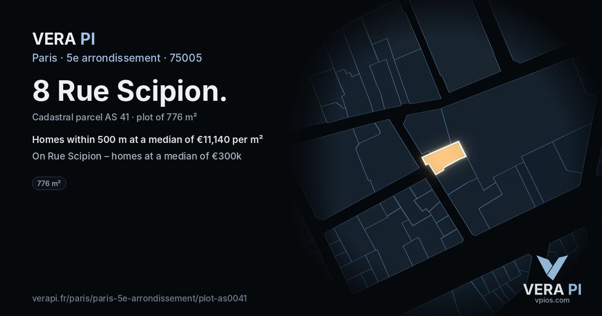 8 Rue Scipion, 5e arrondissement at night – the plot lit, the parcels around coloured by the prices near them
