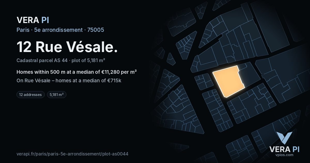 12 Rue Vésale, 5e arrondissement at night – the plot lit, the parcels around coloured by the prices near them