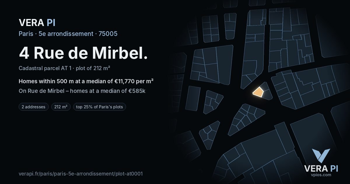 4 Rue de Mirbel, 5e arrondissement at night – the plot lit, the parcels around coloured by the prices near them