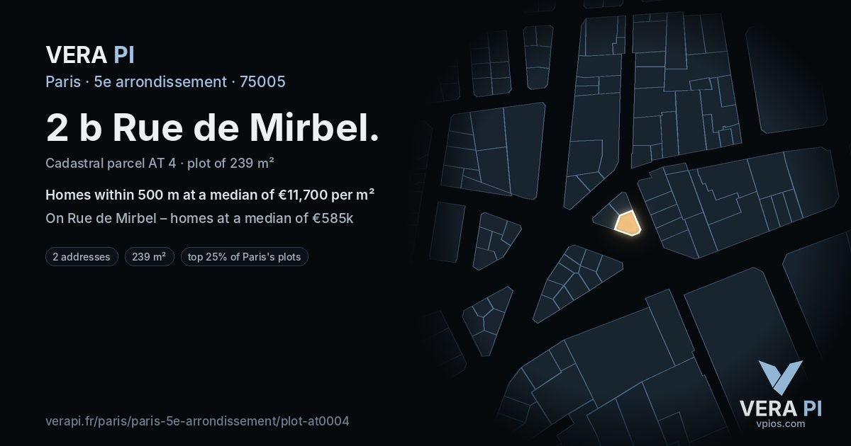 2 b Rue de Mirbel, 5e arrondissement at night – the plot lit, the parcels around coloured by the prices near them