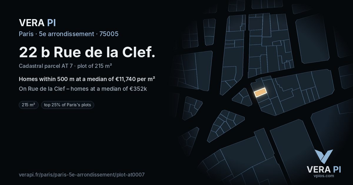 22 b Rue de la Clef, 5e arrondissement at night – the plot lit, the parcels around coloured by the prices near them