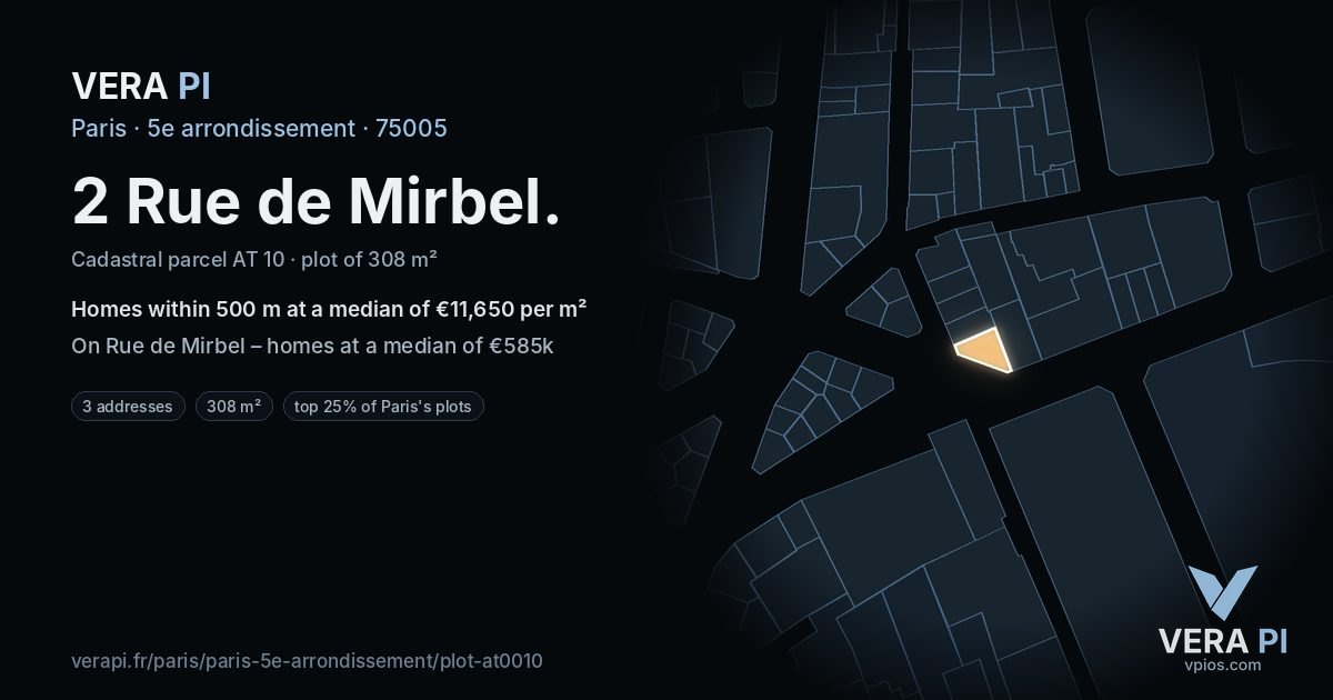 2 Rue de Mirbel, 5e arrondissement at night – the plot lit, the parcels around coloured by the prices near them