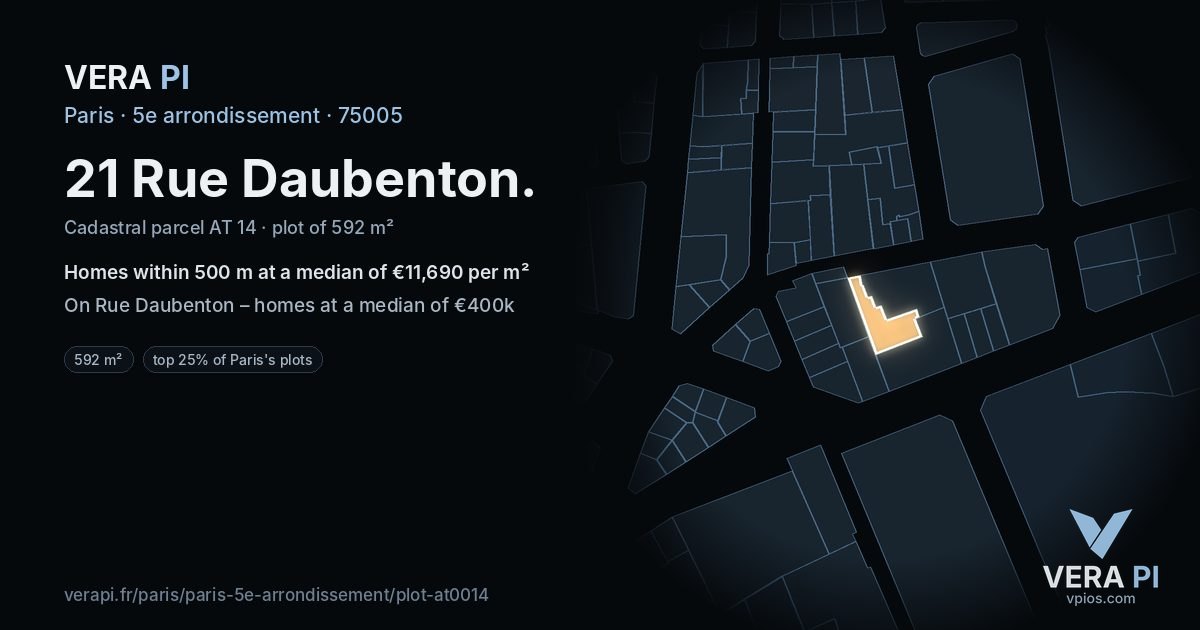 21 Rue Daubenton, 5e arrondissement at night – the plot lit, the parcels around coloured by the prices near them