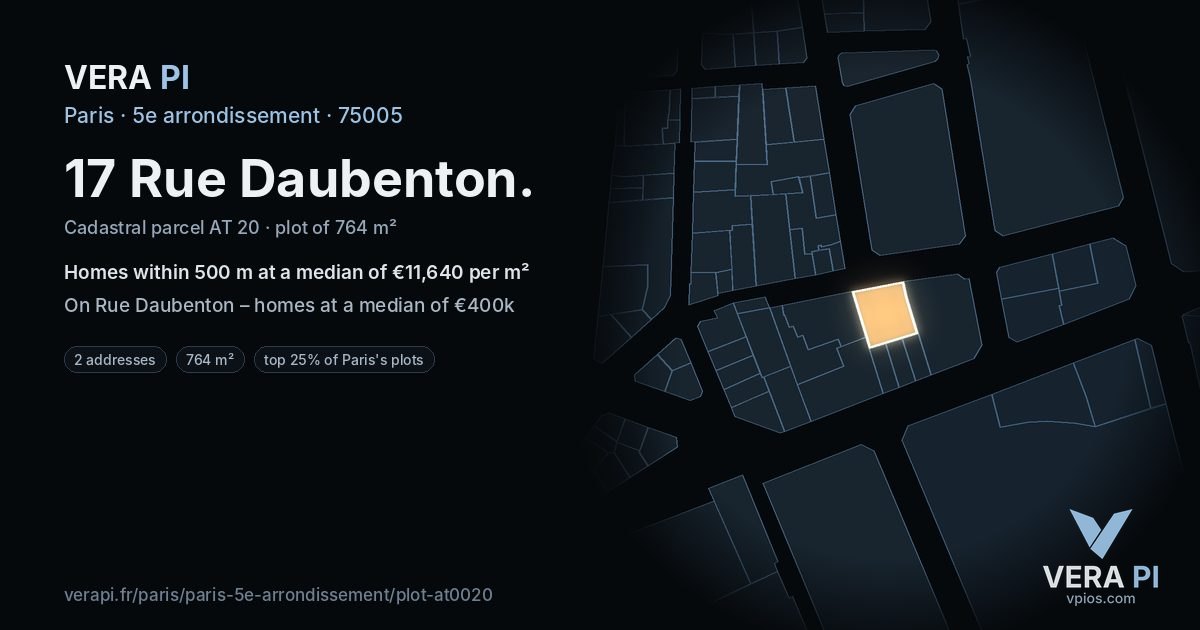 17 Rue Daubenton, 5e arrondissement at night – the plot lit, the parcels around coloured by the prices near them