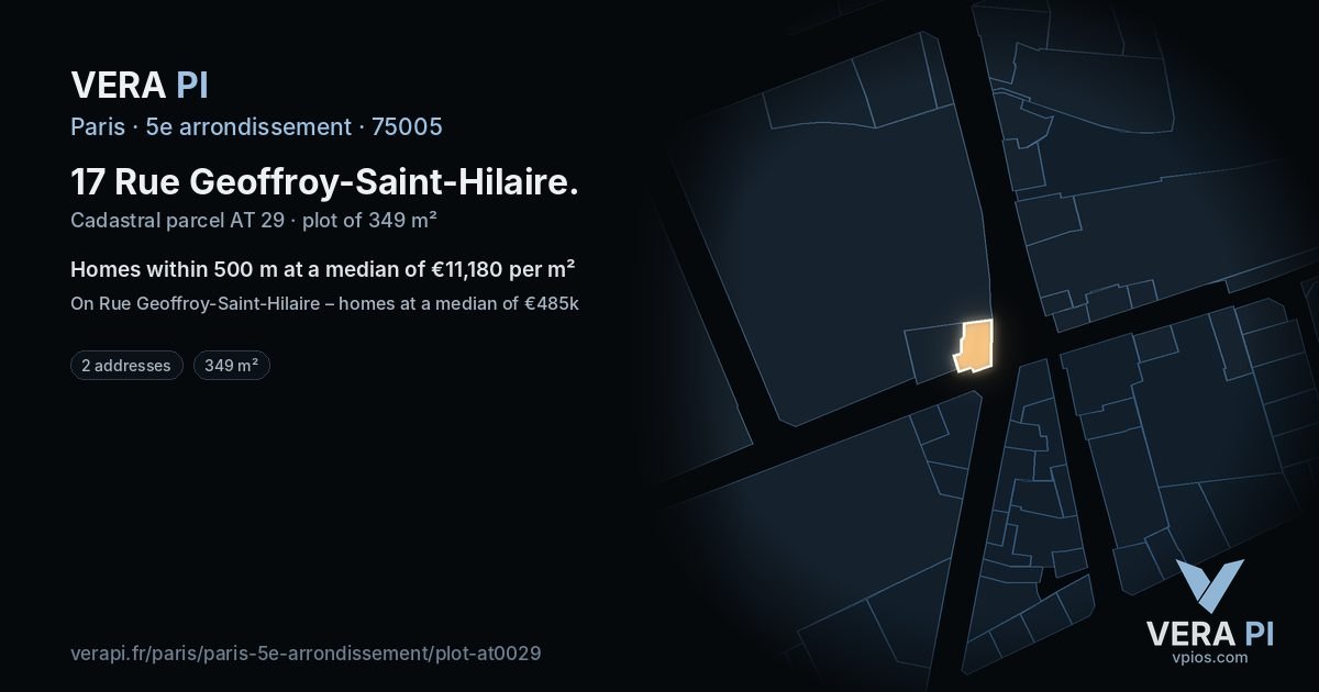 17 Rue Geoffroy-Saint-Hilaire, 5e arrondissement at night – the plot lit, the parcels around coloured by the prices near them