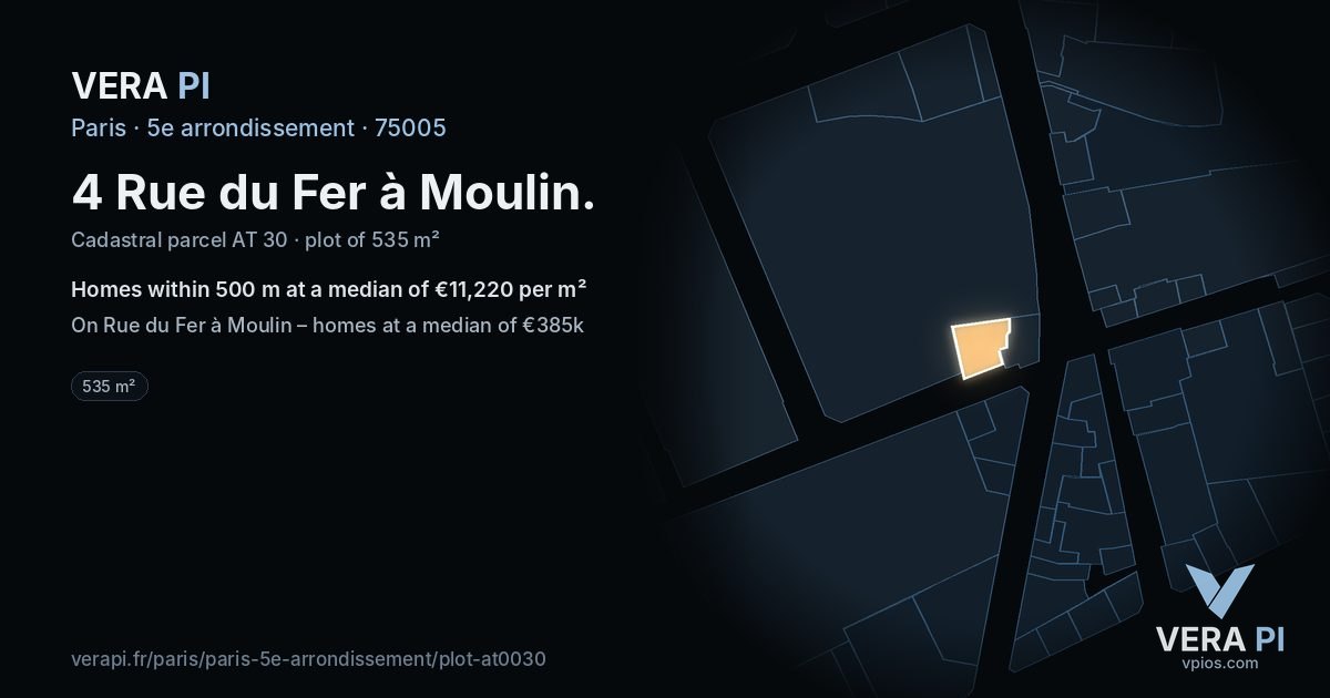 4 Rue du Fer à Moulin, 5e arrondissement at night – the plot lit, the parcels around coloured by the prices near them
