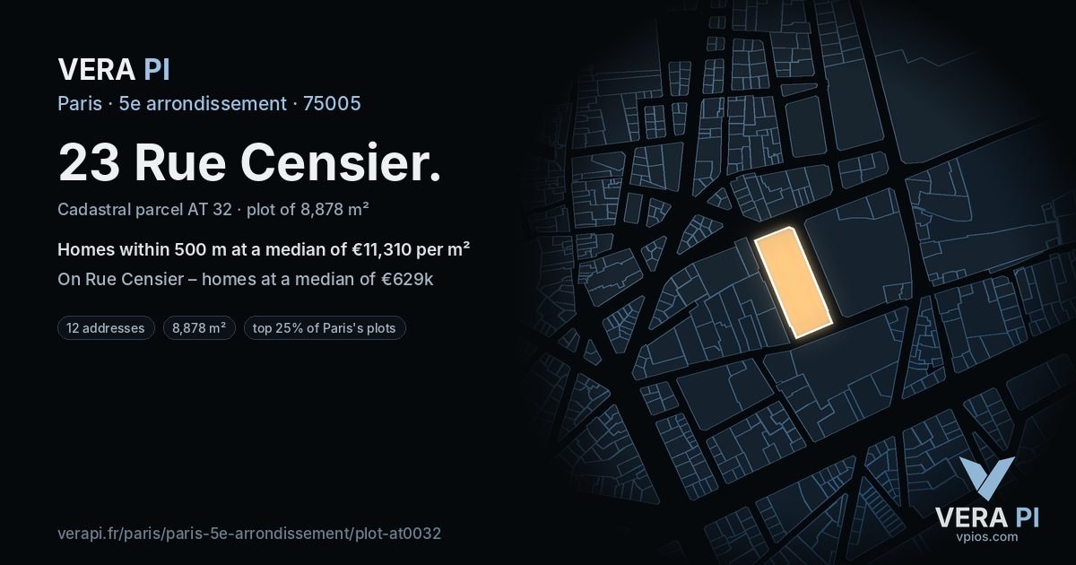 23 Rue Censier, 5e arrondissement at night – the plot lit, the parcels around coloured by the prices near them