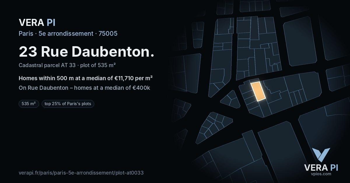 23 Rue Daubenton, 5e arrondissement at night – the plot lit, the parcels around coloured by the prices near them