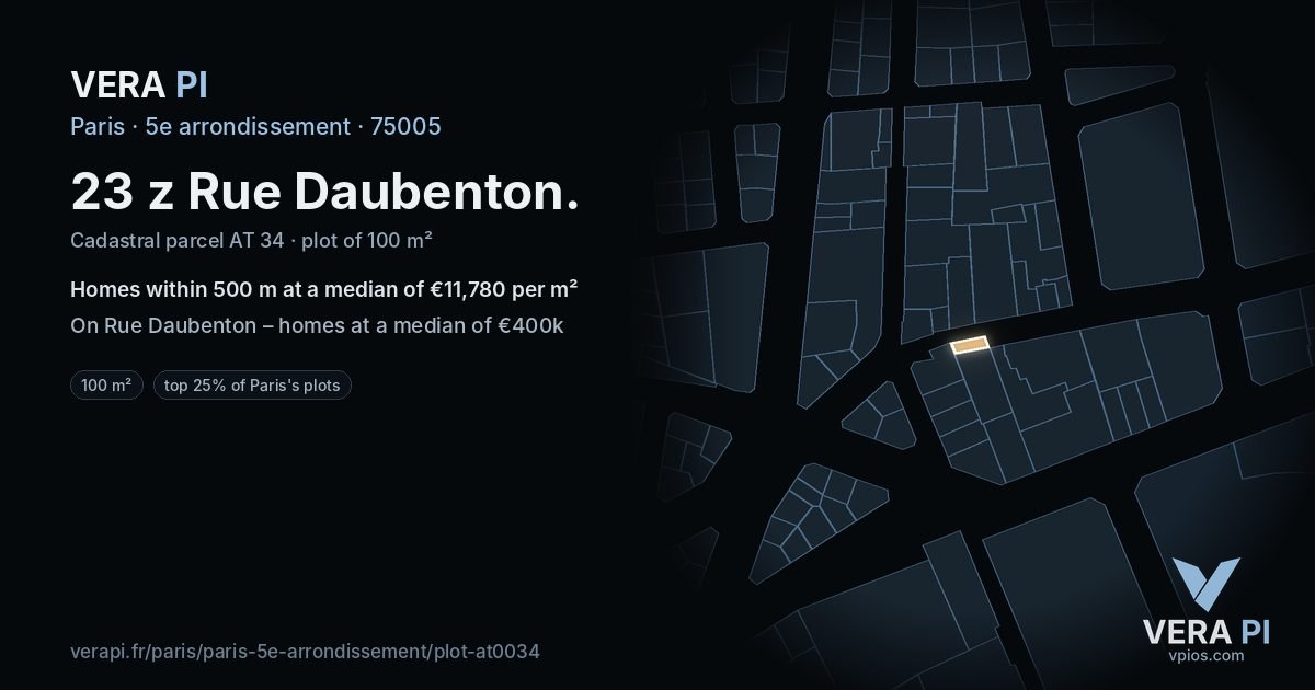 23 z Rue Daubenton, 5e arrondissement at night – the plot lit, the parcels around coloured by the prices near them