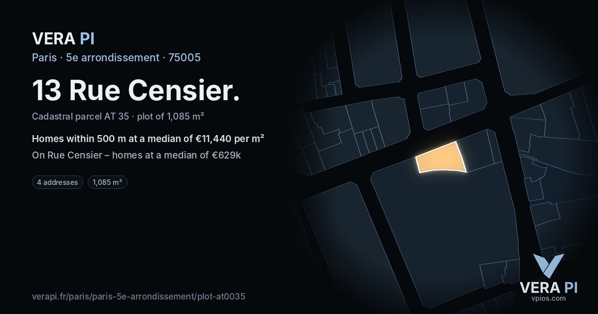 13 Rue Censier, 5e arrondissement at night – the plot lit, the parcels around coloured by the prices near them