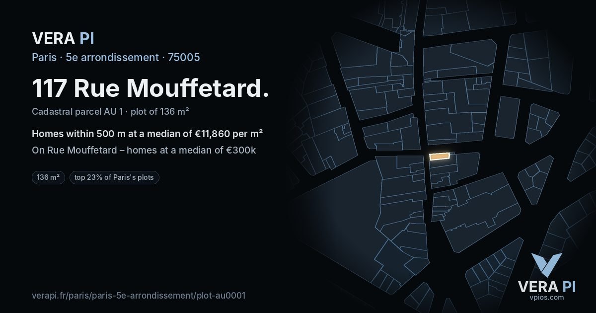 117 Rue Mouffetard, 5e arrondissement at night – the plot lit, the parcels around coloured by the prices near them