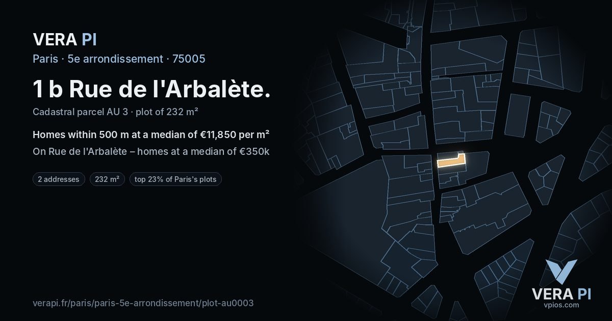 1 b Rue de l'Arbalète, 5e arrondissement at night – the plot lit, the parcels around coloured by the prices near them