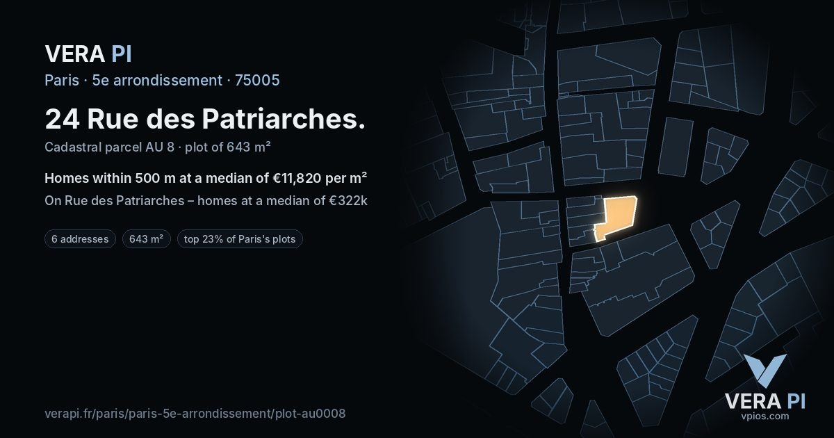 24 Rue des Patriarches, 5e arrondissement at night – the plot lit, the parcels around coloured by the prices near them