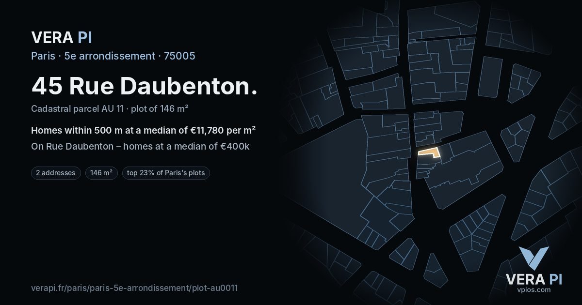 45 Rue Daubenton, 5e arrondissement at night – the plot lit, the parcels around coloured by the prices near them