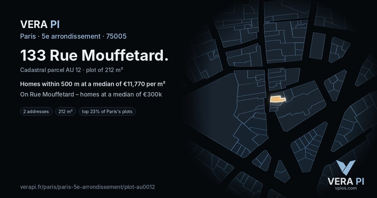 133 Rue Mouffetard, 5e arrondissement at night – the plot lit, the parcels around coloured by the prices near them