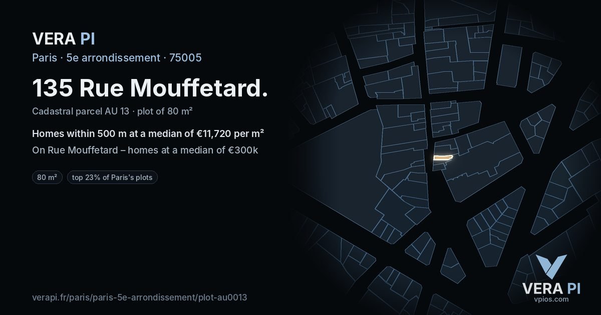 135 Rue Mouffetard, 5e arrondissement at night – the plot lit, the parcels around coloured by the prices near them