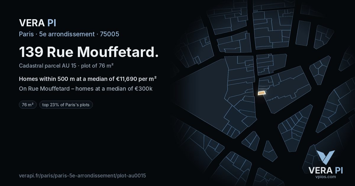 139 Rue Mouffetard, 5e arrondissement at night – the plot lit, the parcels around coloured by the prices near them