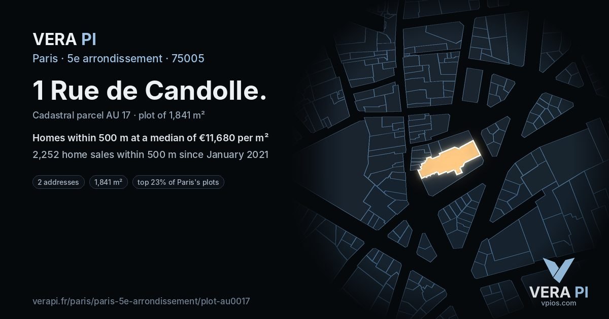1 Rue de Candolle, 5e arrondissement at night – the plot lit, the parcels around coloured by the prices near them