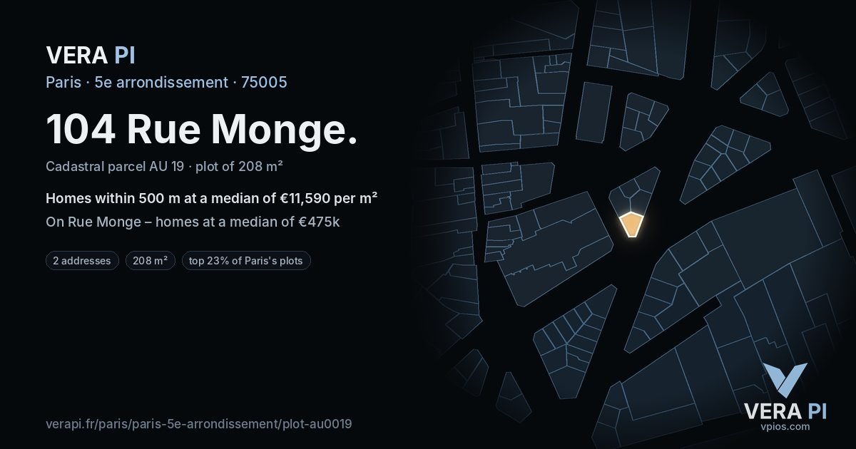 104 Rue Monge, 5e arrondissement at night – the plot lit, the parcels around coloured by the prices near them