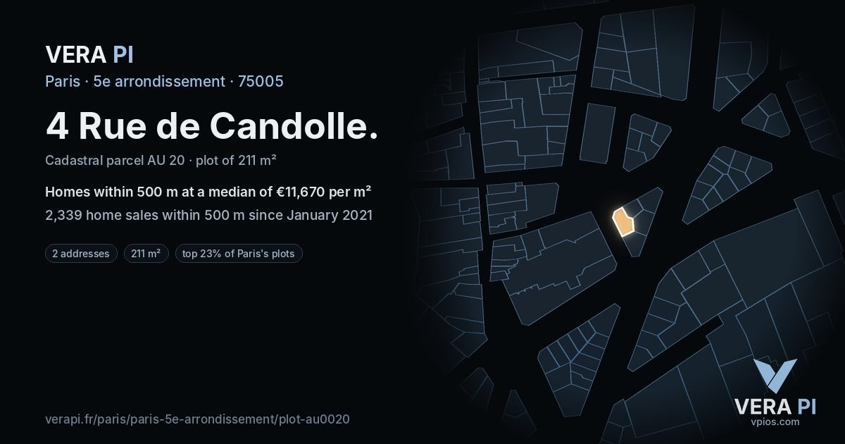 4 Rue de Candolle, 5e arrondissement at night – the plot lit, the parcels around coloured by the prices near them
