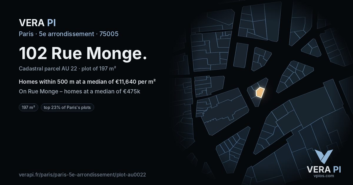 102 Rue Monge, 5e arrondissement at night – the plot lit, the parcels around coloured by the prices near them