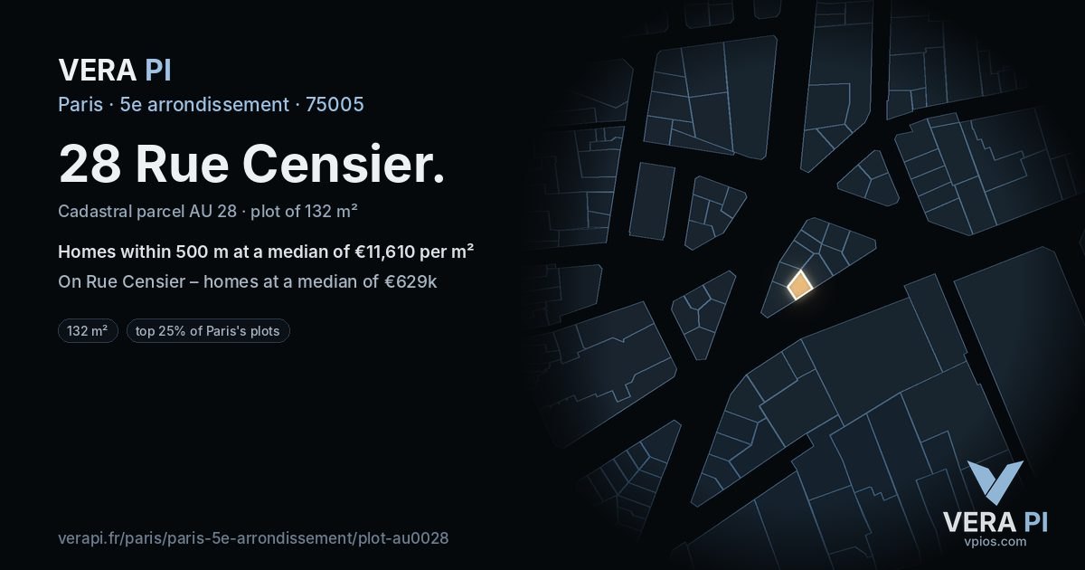 28 Rue Censier, 5e arrondissement at night – the plot lit, the parcels around coloured by the prices near them