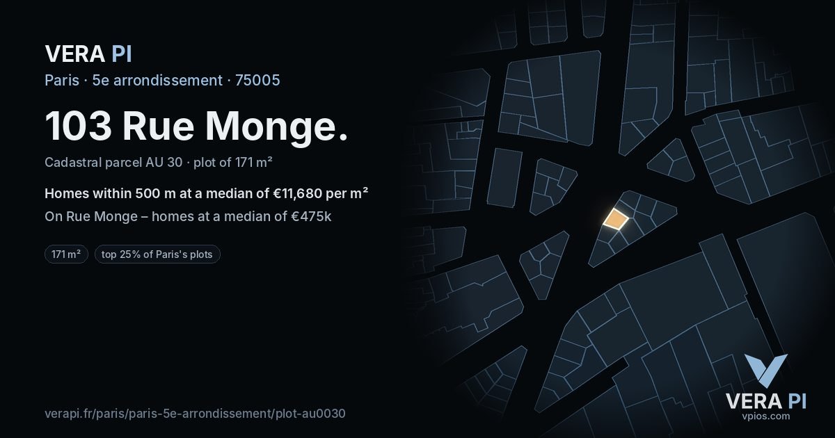 103 Rue Monge, 5e arrondissement at night – the plot lit, the parcels around coloured by the prices near them