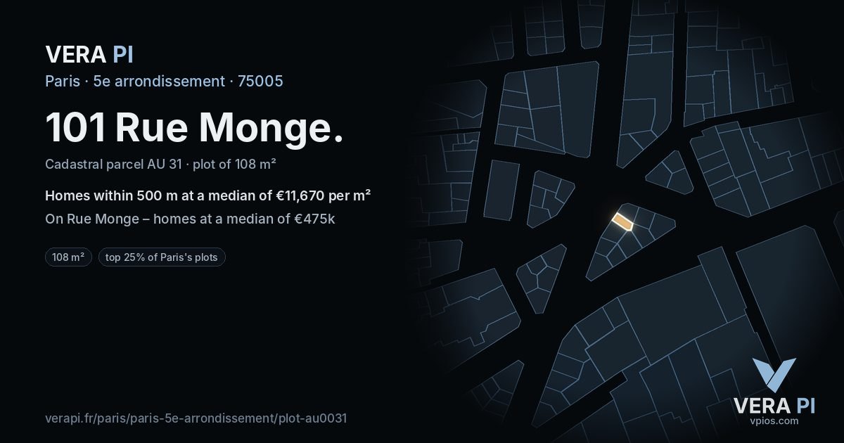 101 Rue Monge, 5e arrondissement at night – the plot lit, the parcels around coloured by the prices near them