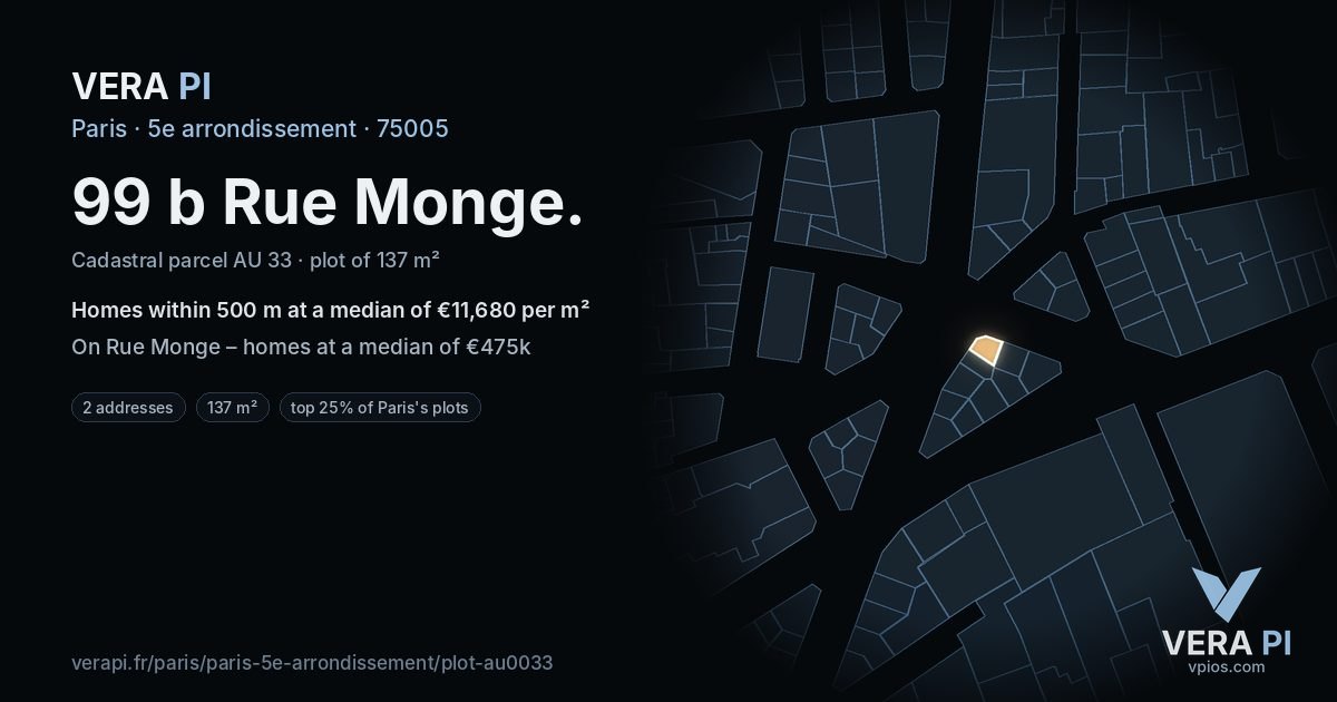 99 b Rue Monge, 5e arrondissement at night – the plot lit, the parcels around coloured by the prices near them