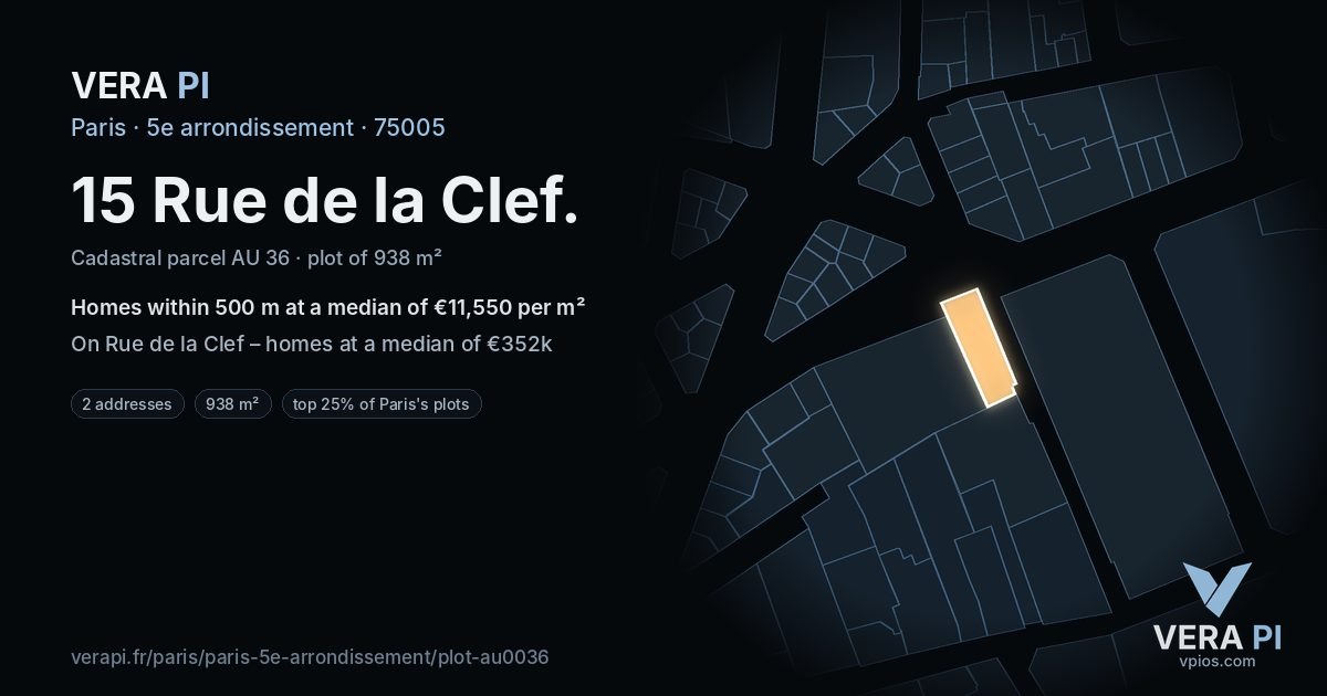 15 Rue de la Clef, 5e arrondissement at night – the plot lit, the parcels around coloured by the prices near them