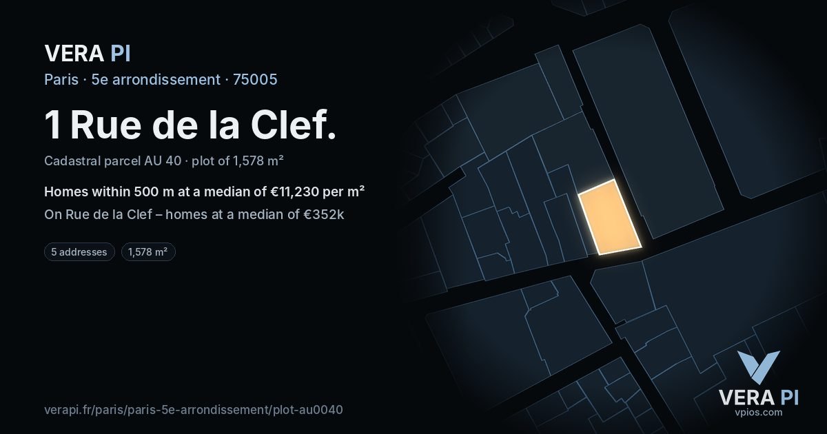 1 Rue de la Clef, 5e arrondissement at night – the plot lit, the parcels around coloured by the prices near them