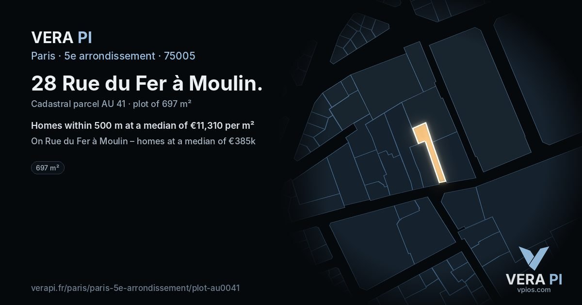 28 Rue du Fer à Moulin, 5e arrondissement at night – the plot lit, the parcels around coloured by the prices near them
