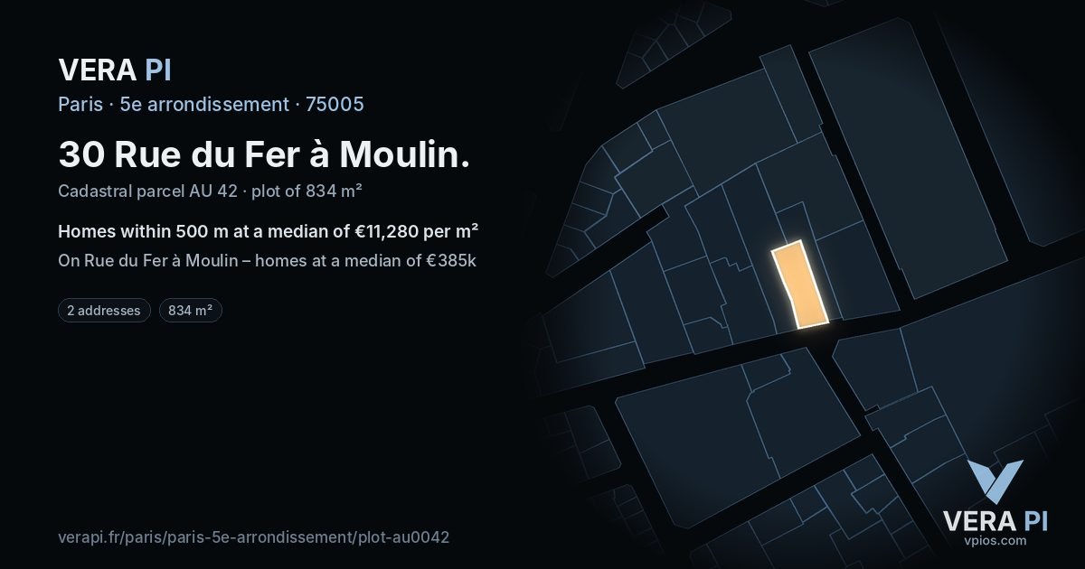 30 Rue du Fer à Moulin, 5e arrondissement at night – the plot lit, the parcels around coloured by the prices near them