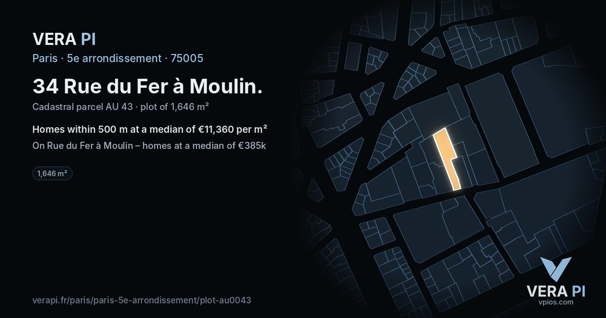 34 Rue du Fer à Moulin, 5e arrondissement at night – the plot lit, the parcels around coloured by the prices near them