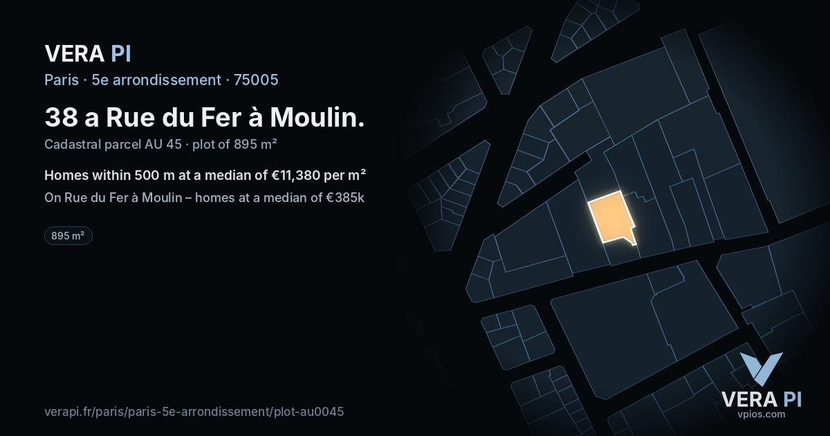 38 a Rue du Fer à Moulin, 5e arrondissement at night – the plot lit, the parcels around coloured by the prices near them