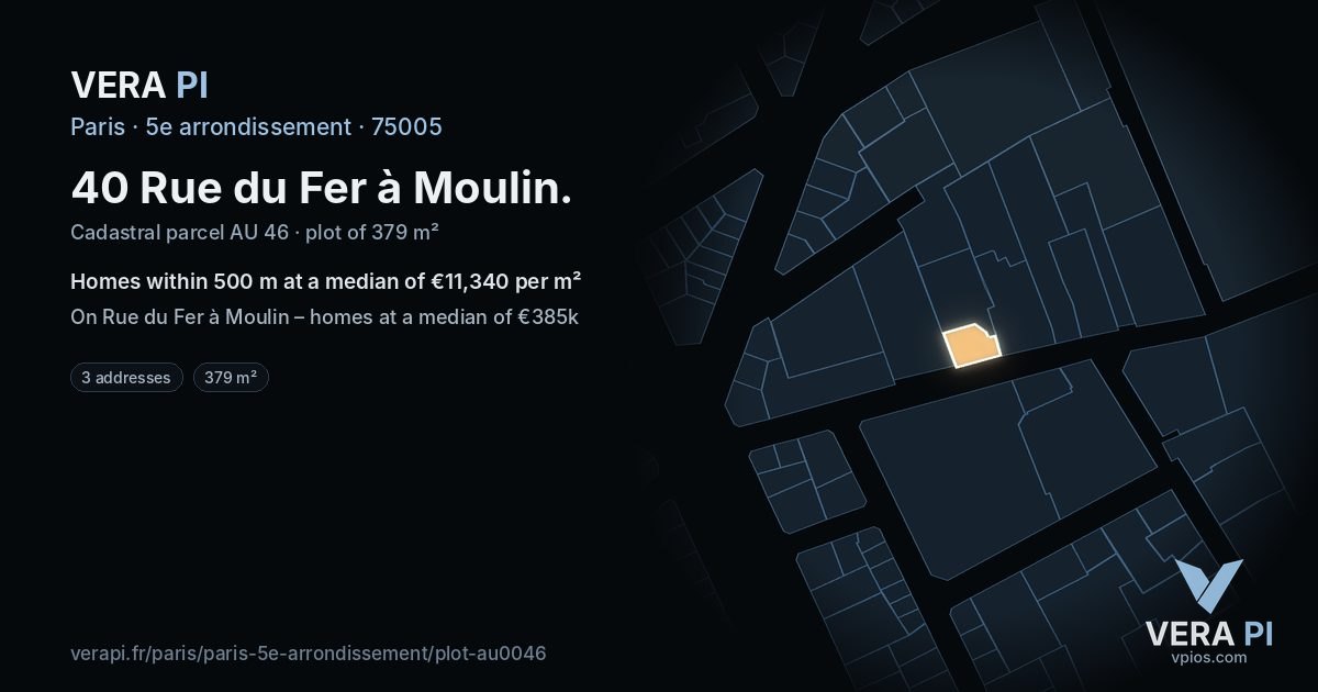 40 Rue du Fer à Moulin, 5e arrondissement at night – the plot lit, the parcels around coloured by the prices near them