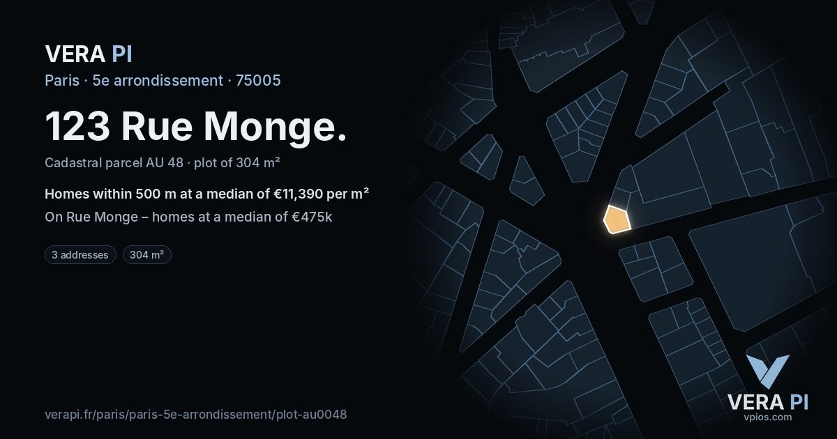 123 Rue Monge, 5e arrondissement at night – the plot lit, the parcels around coloured by the prices near them