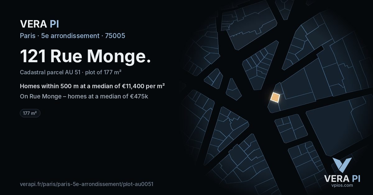 121 Rue Monge, 5e arrondissement at night – the plot lit, the parcels around coloured by the prices near them